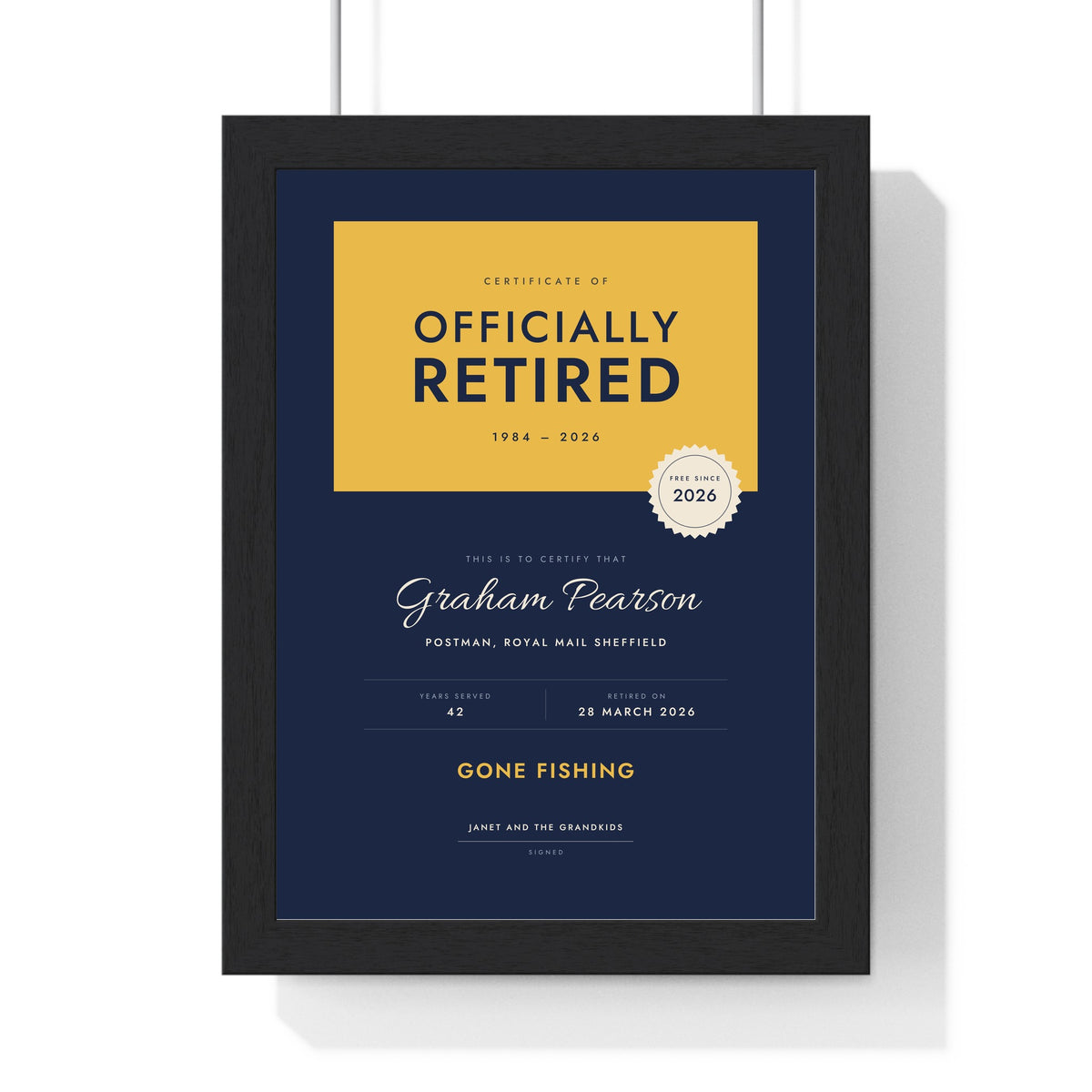 Personalised Retirement Certificate Print - framed navy and mustard version