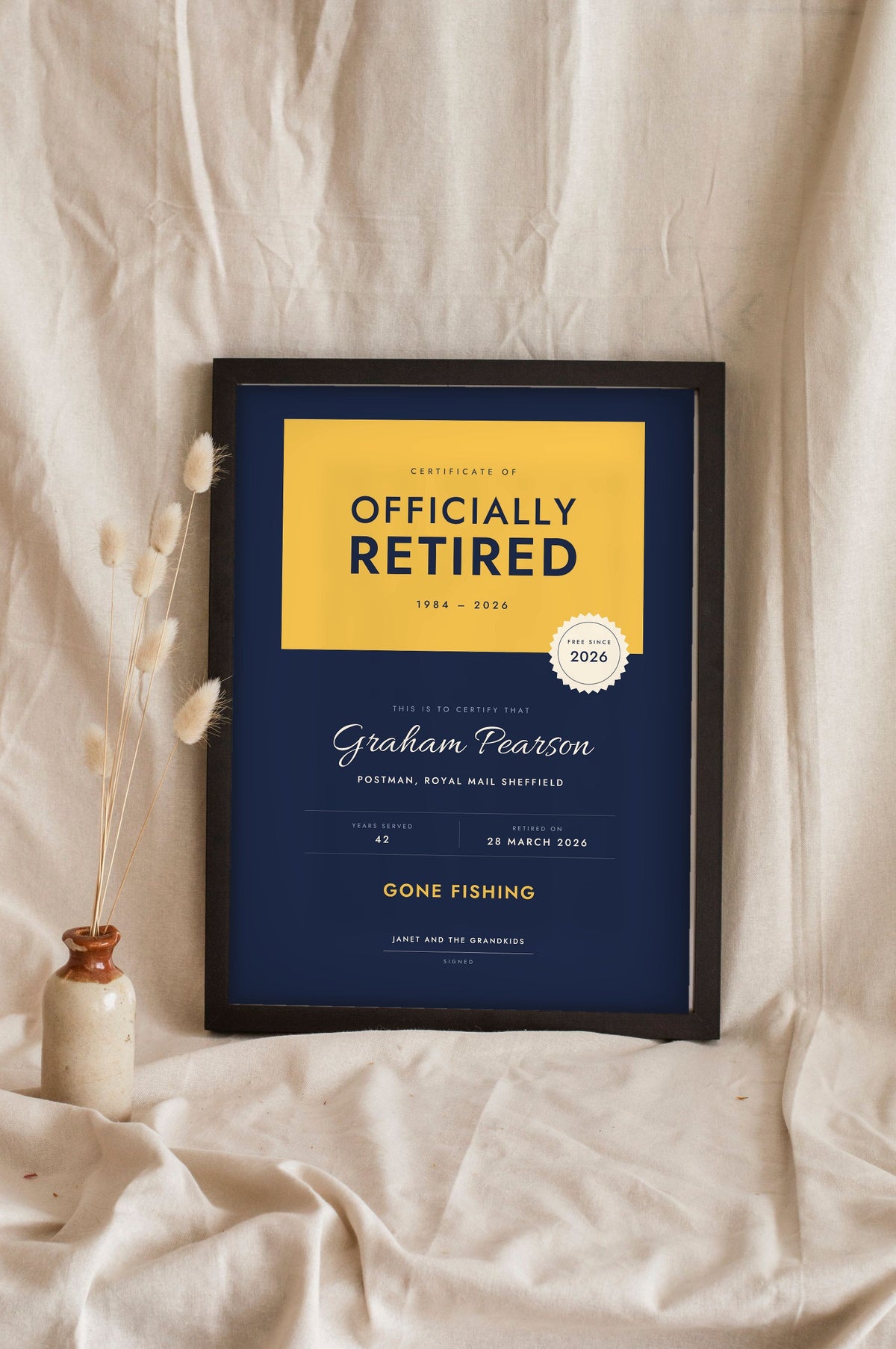 Personalised Retirement Certificate Print - navy and mustard version for a retiring postman