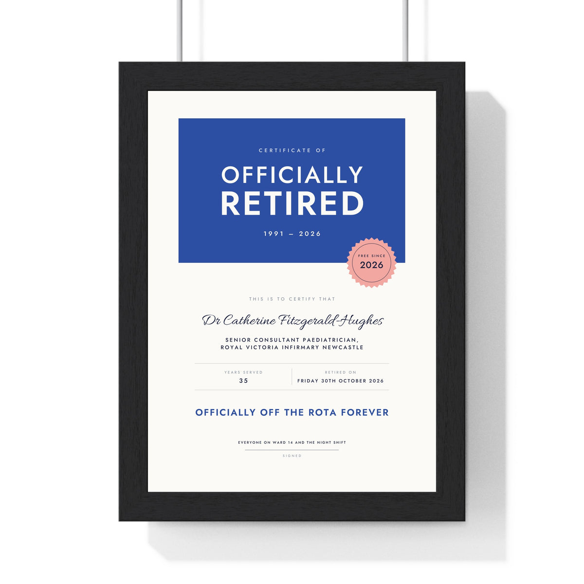 Personalised Retirement Certificate Print - framed cobalt and pink version for a consultant