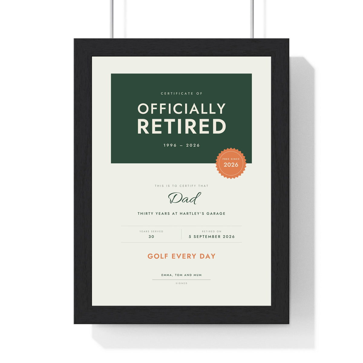 Personalised Retirement Certificate Print - framed forest green version for Dad