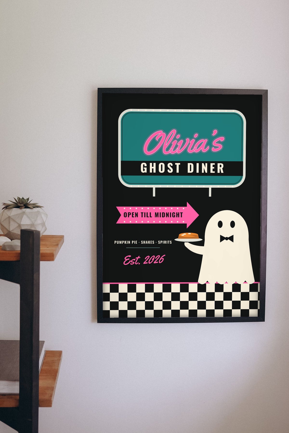 Personalised Retro Ghost Diner Sign Print - ghost diner print on a kitchen wall
