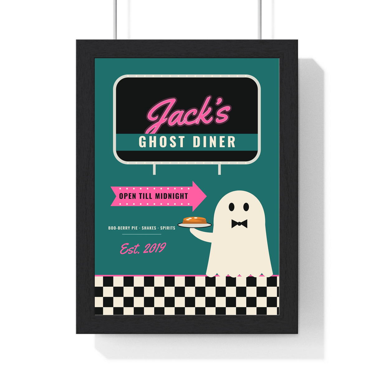 Personalised Retro Ghost Diner Sign Print - framed teal version