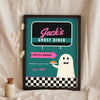Personalised Retro Ghost Diner Sign Print - teal version leaning in a frame