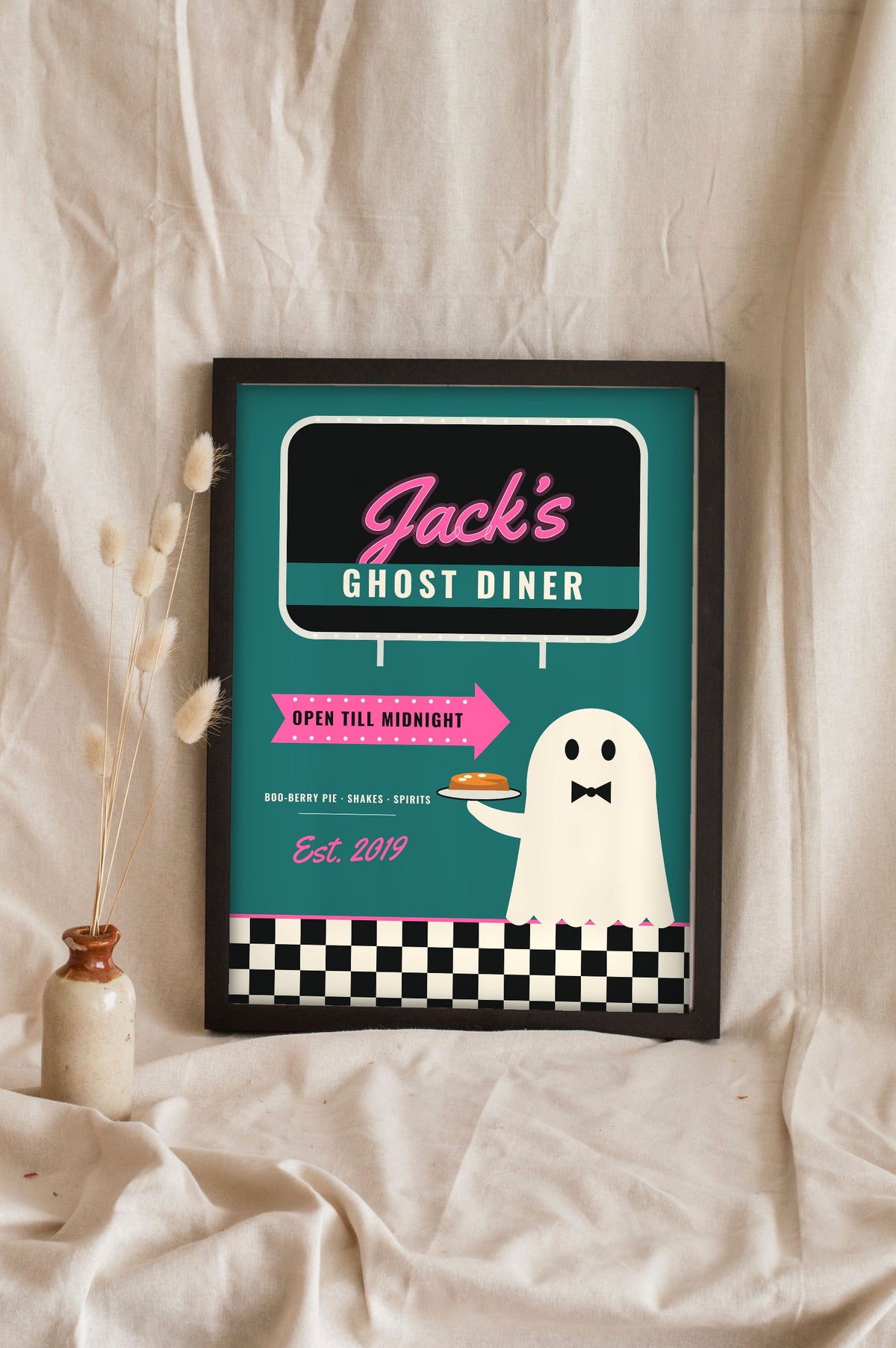 Personalised Retro Ghost Diner Sign Print - teal version leaning in a frame