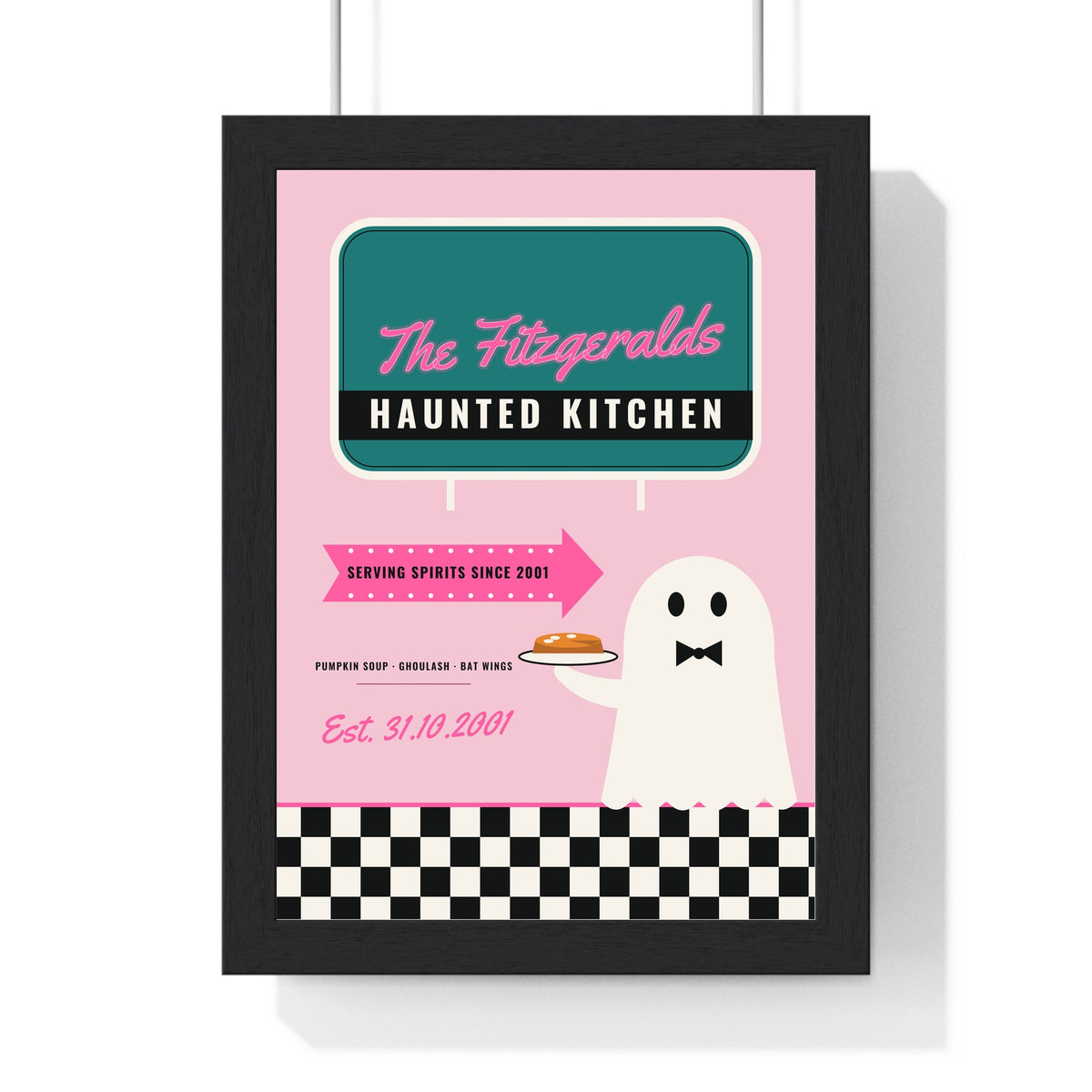 Personalised Retro Ghost Diner Sign Print - framed candy pink haunted kitchen version