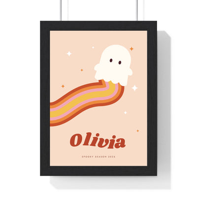Personalised Retro Ghost Name Print - framed peach retro ghost name print for Olivia