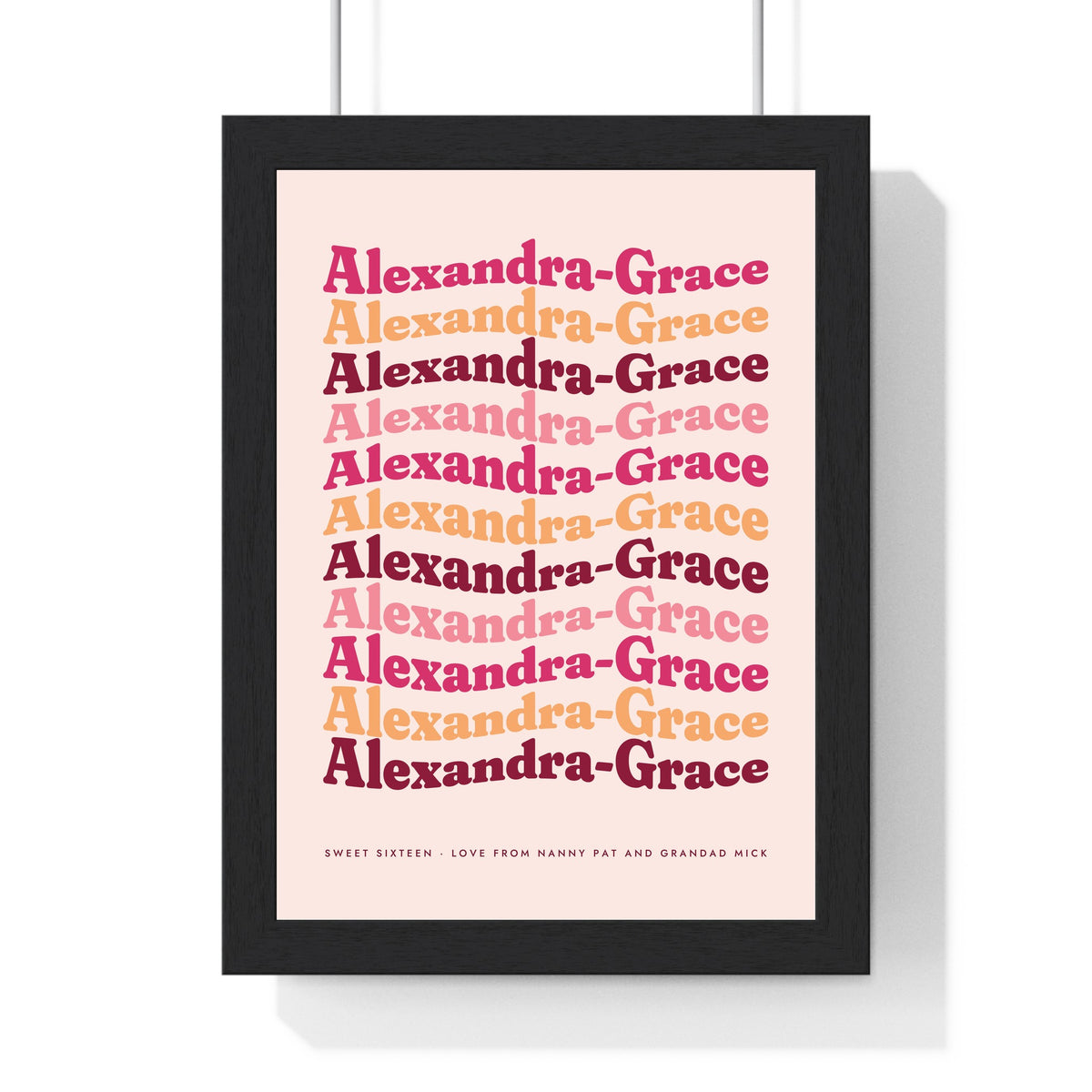 Personalised Retro Wavy Name Print - framed berry pink wavy name print