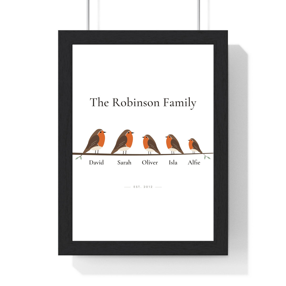 Personalised Robin Family Print - framed robin family print with five robins on a branch