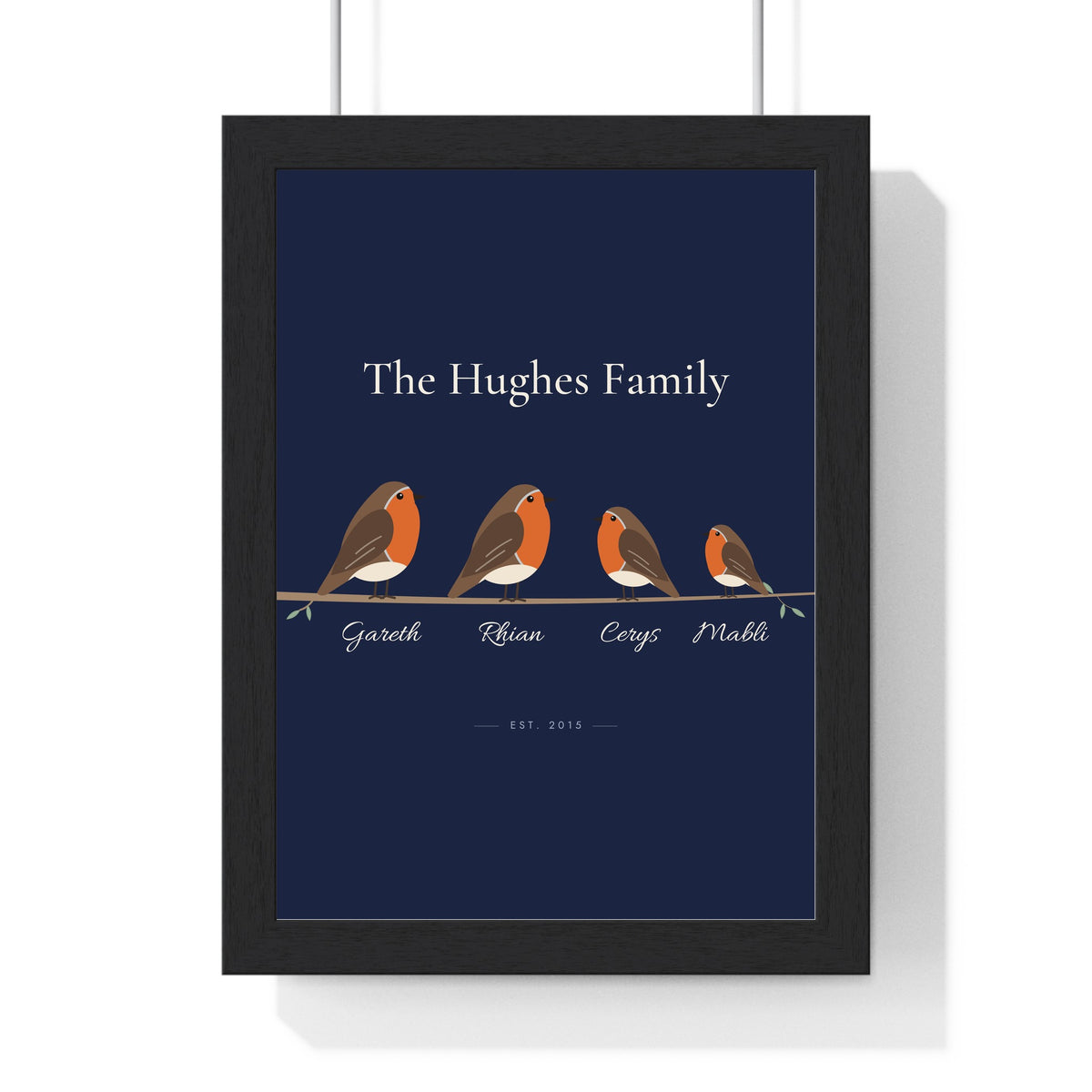 Personalised Robin Family Print - framed navy version for a family of four