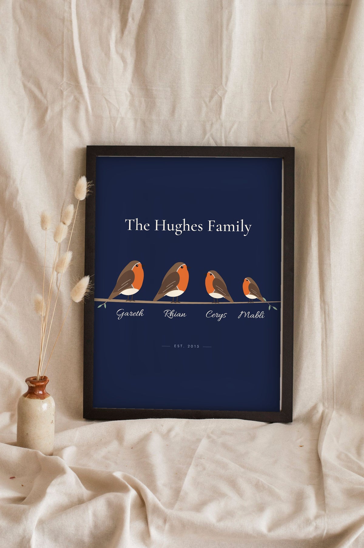 Personalised Robin Family Print - navy robin family print with names in script