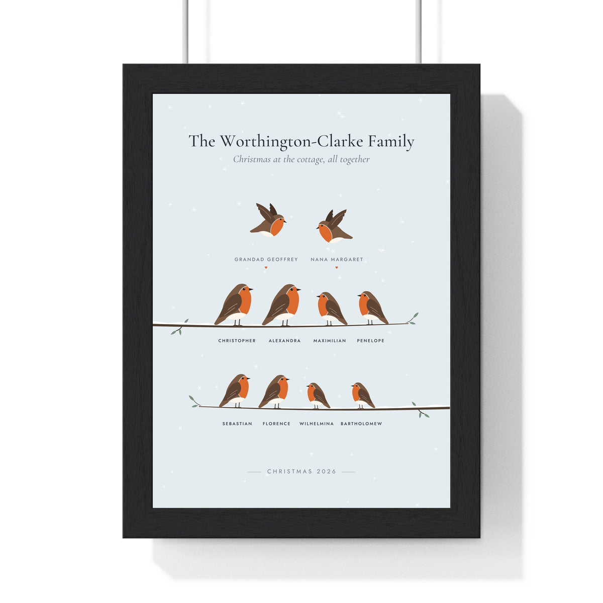 Personalised Robin Family Print - framed winter snow version with ten robins and two in flight