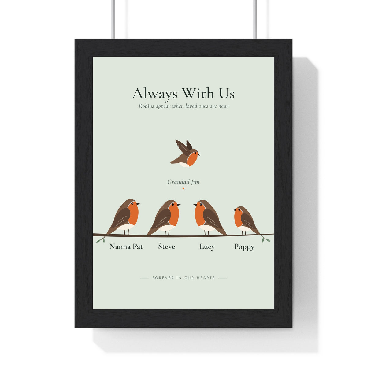 Personalised Robin Family Print - framed sage memorial version, robins appear when loved ones are near