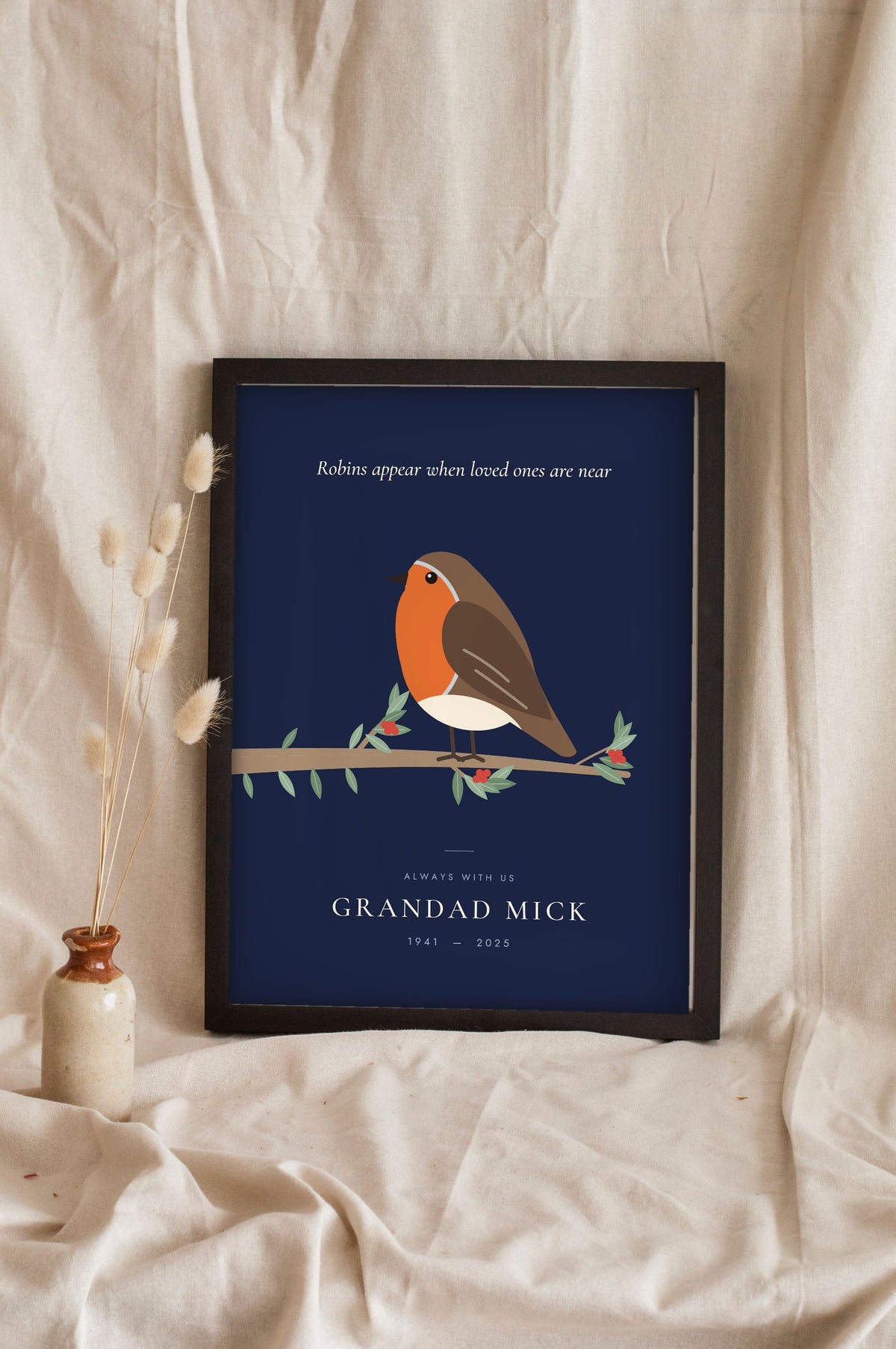 Personalised Robin Memorial Print - leaning in a frame