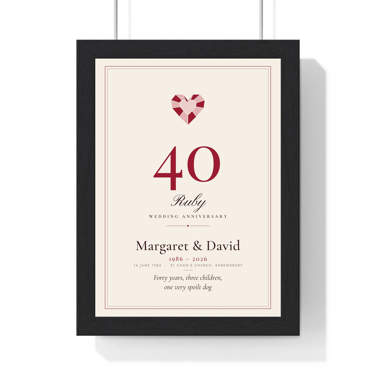Personalised Ruby Wedding Anniversary Print - framed personalised ruby wedding anniversary print