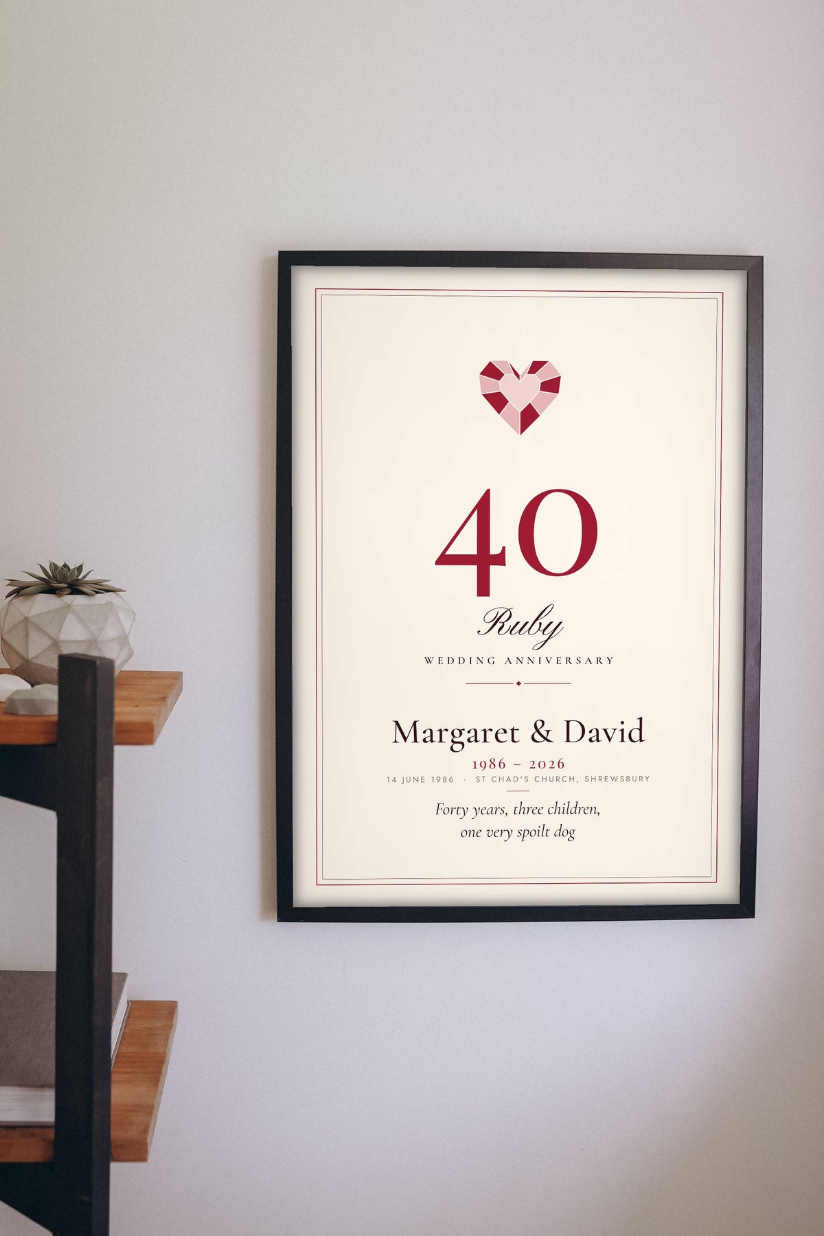 Personalised Ruby Wedding Anniversary Print - hanging on a living room wall