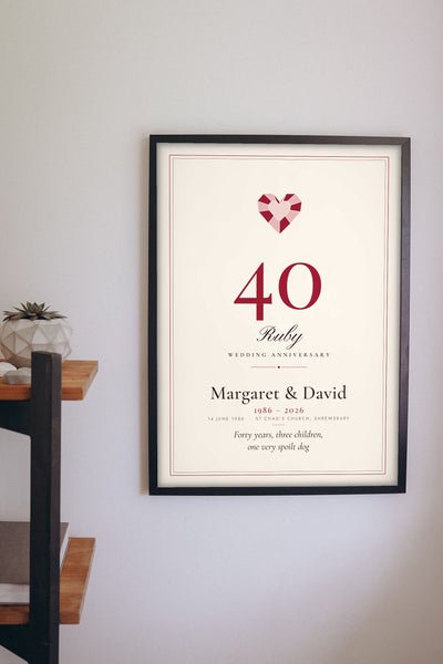 Personalised Ruby Wedding Anniversary Print - hanging on a living room wall