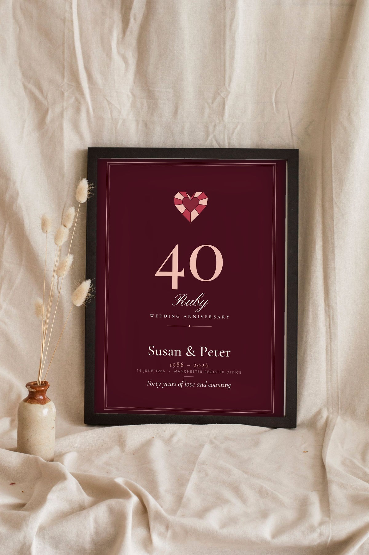 Personalised Ruby Wedding Anniversary Print - leaning in a frame, dark