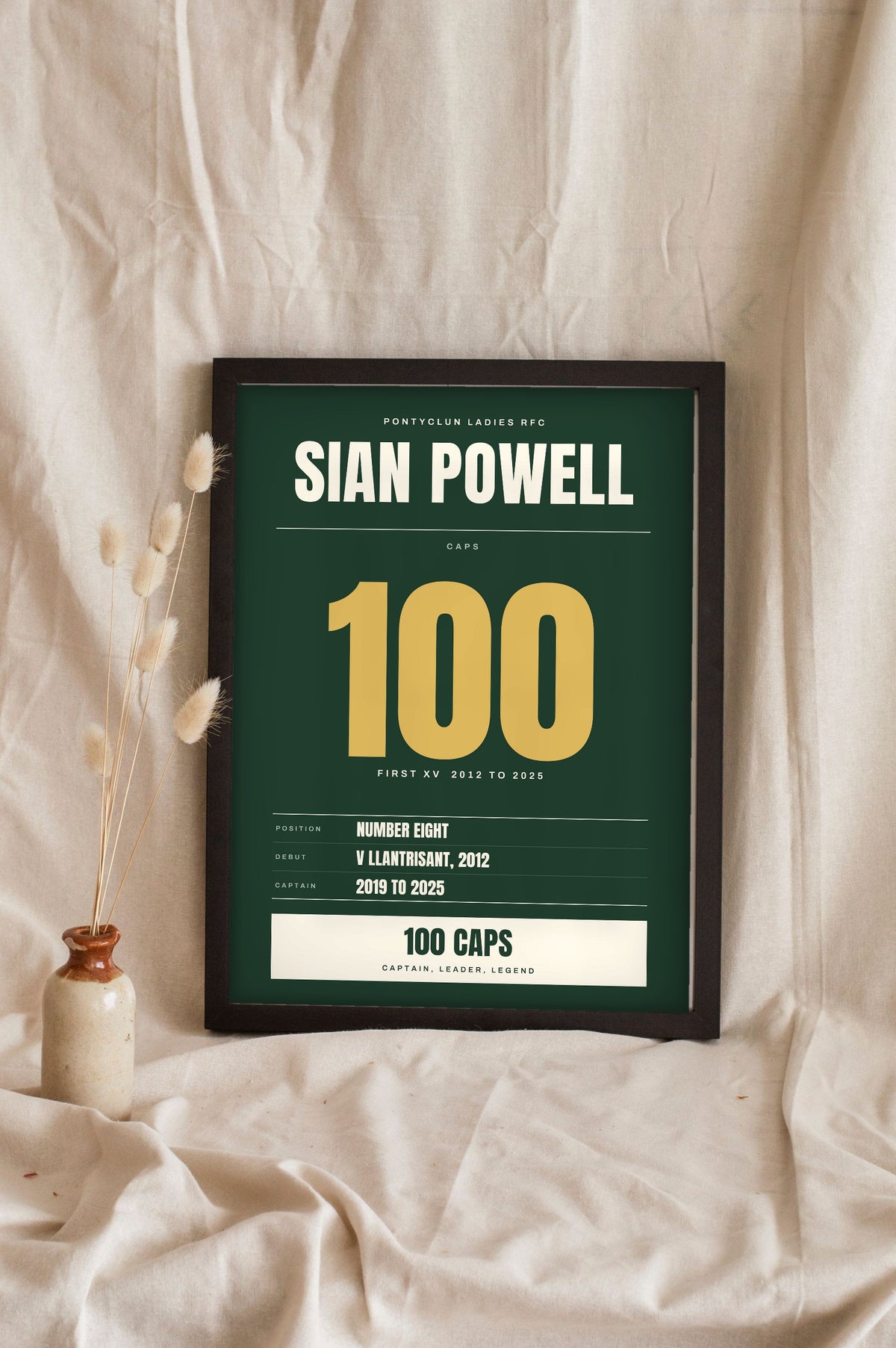 Personalised Rugby Milestone Print - green and gold women's version, 100 caps