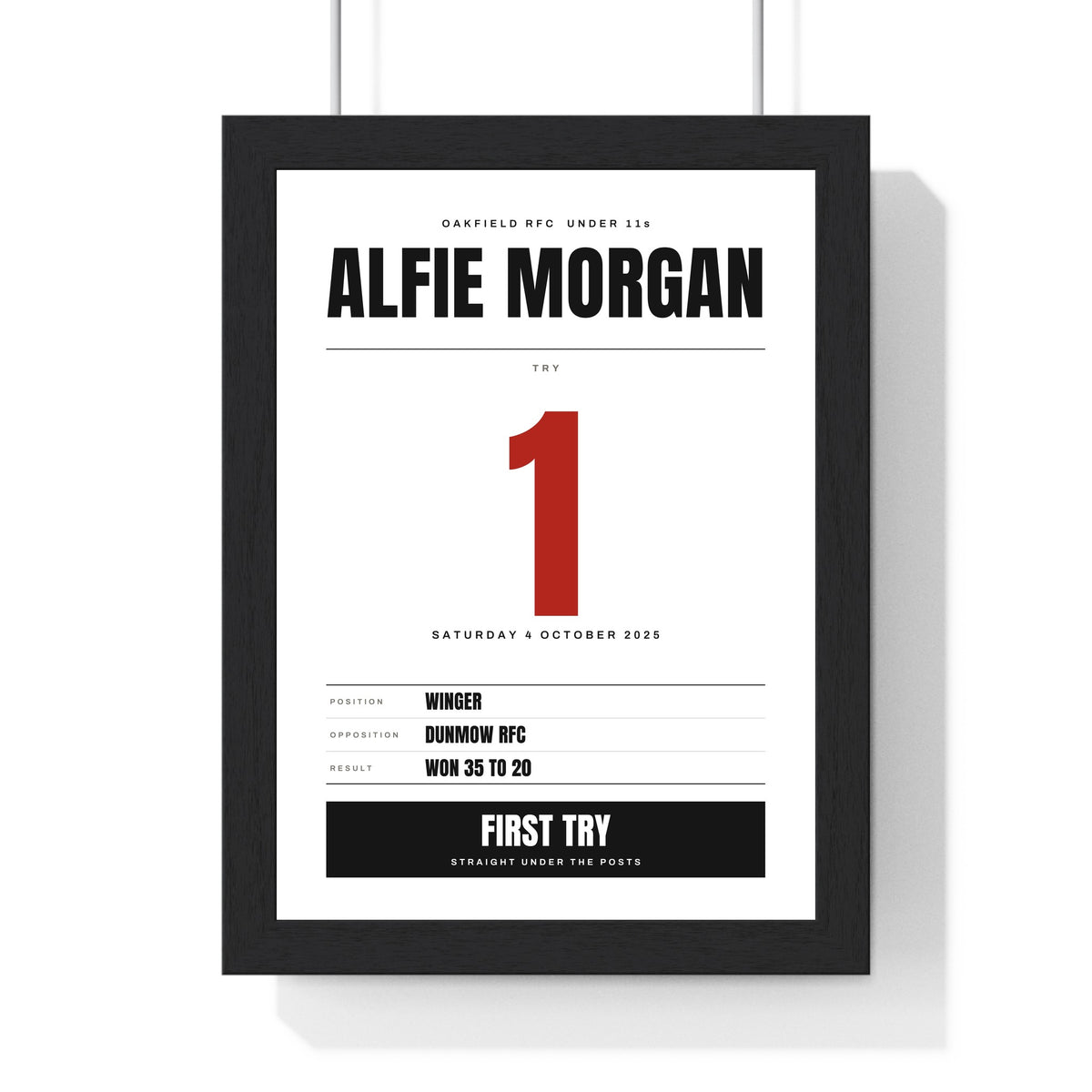 Personalised Rugby Milestone Print - framed junior first try print