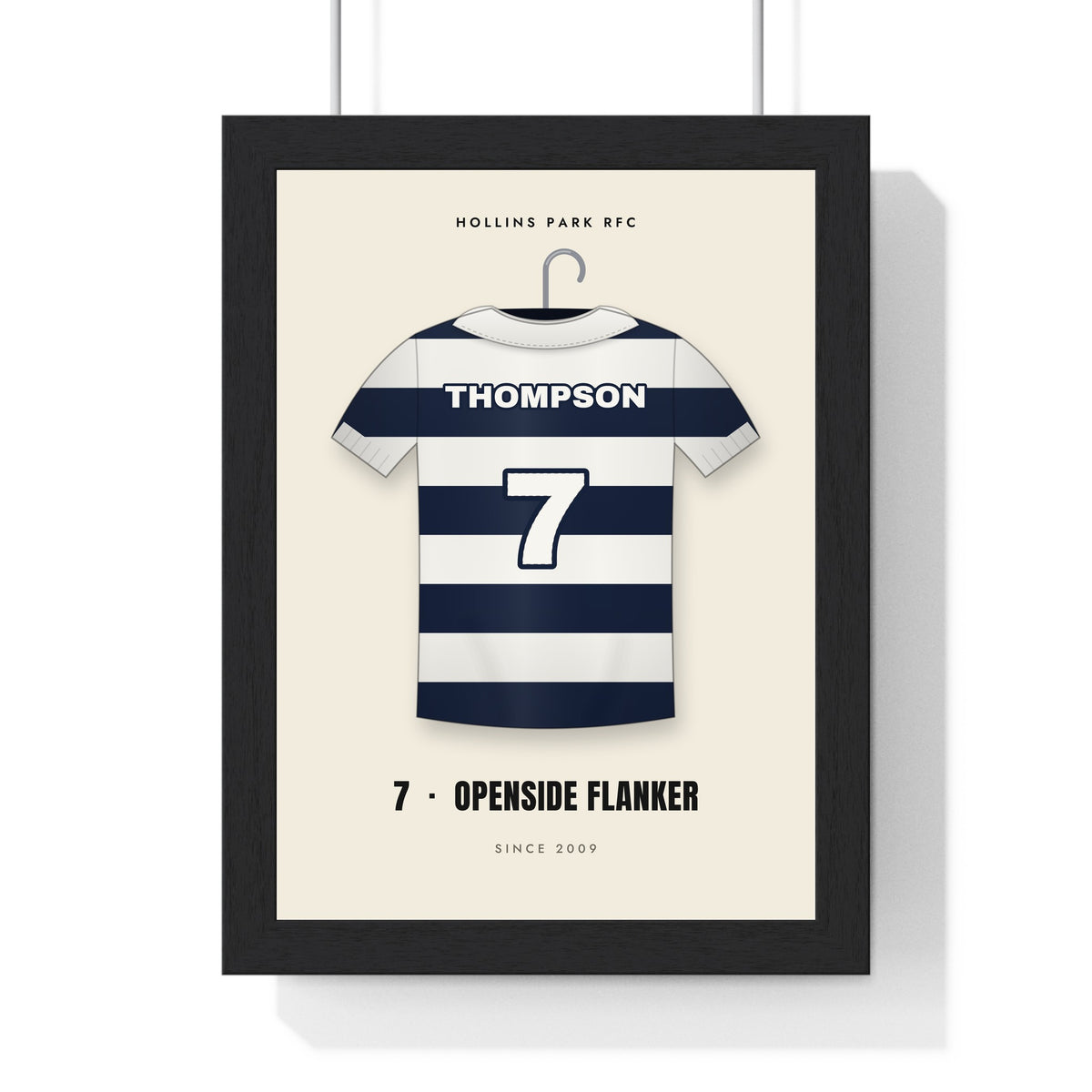 Personalised Rugby Shirt Print - framed rugby shirt print, navy and white hoops, number 7 openside flanker