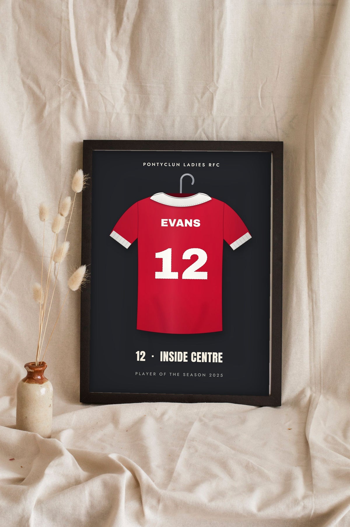 Personalised Rugby Shirt Print - women's red shirt, number 12 inside centre