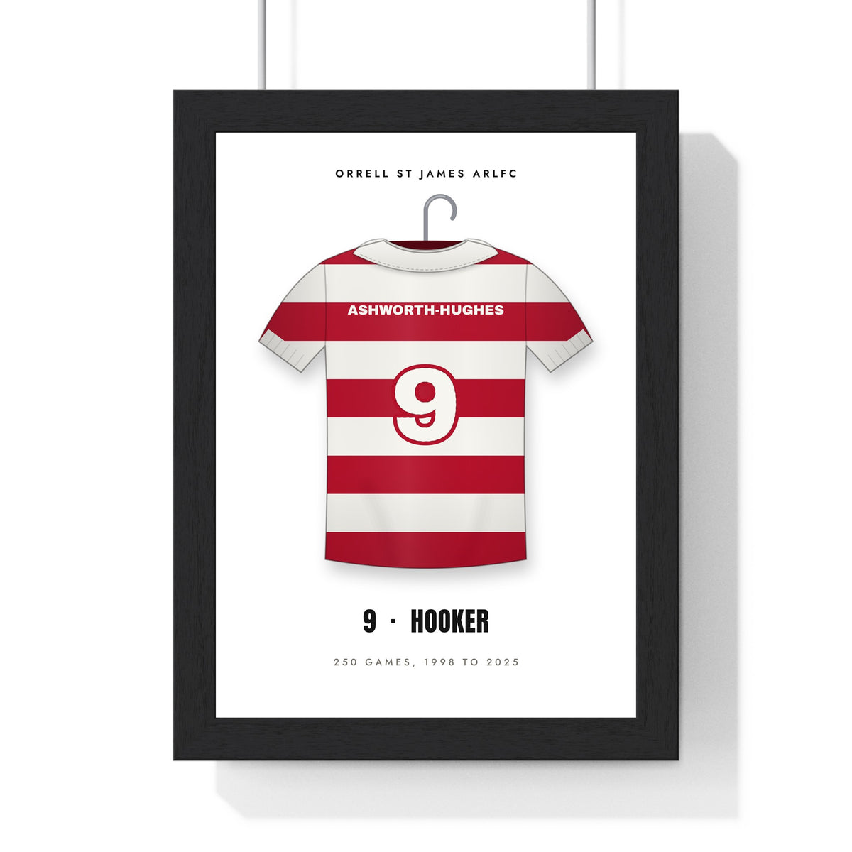 Personalised Rugby Shirt Print - framed rugby league version, cherry and white hoops, scrum-half