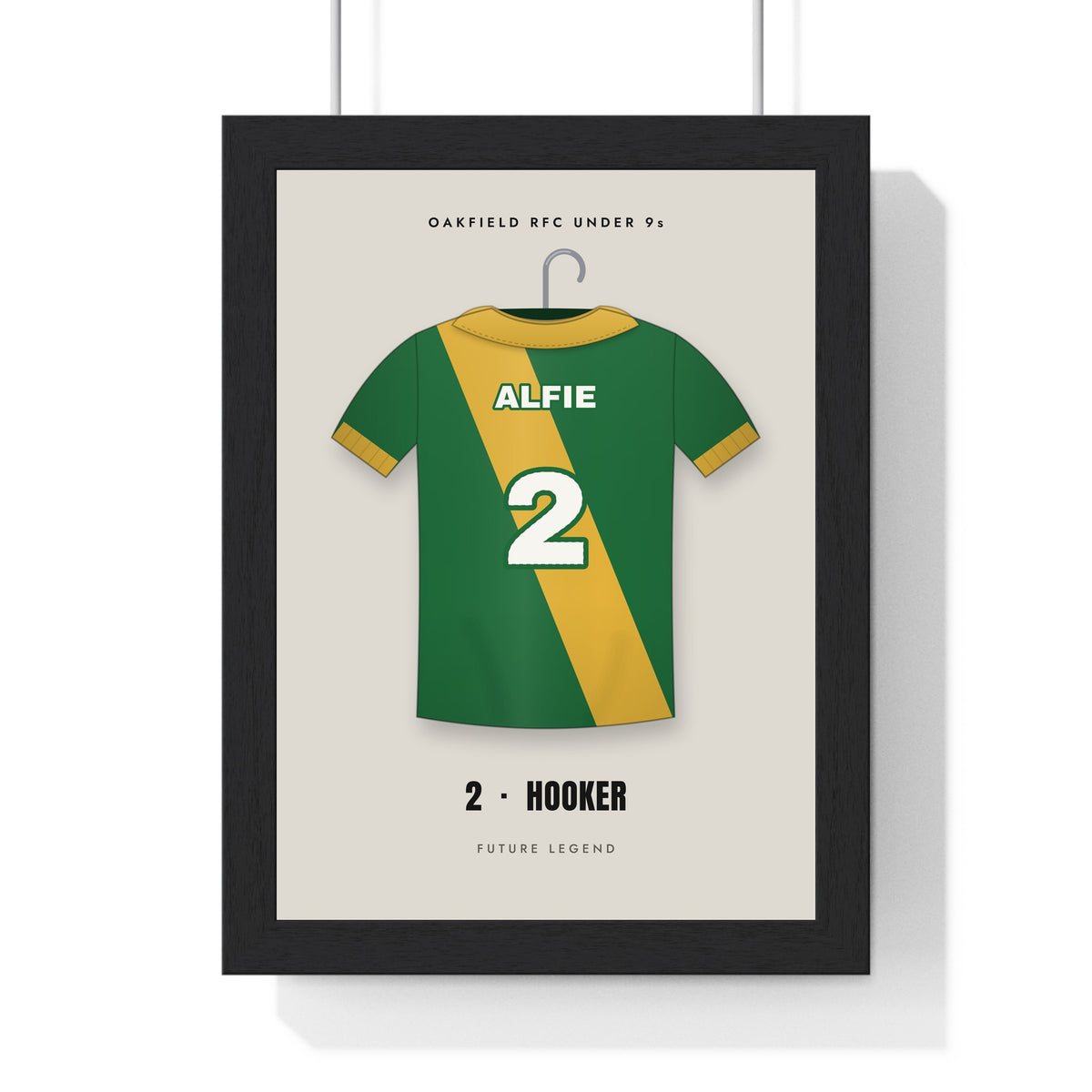 Personalised Rugby Shirt Print - framed junior version, green and gold sash, hooker