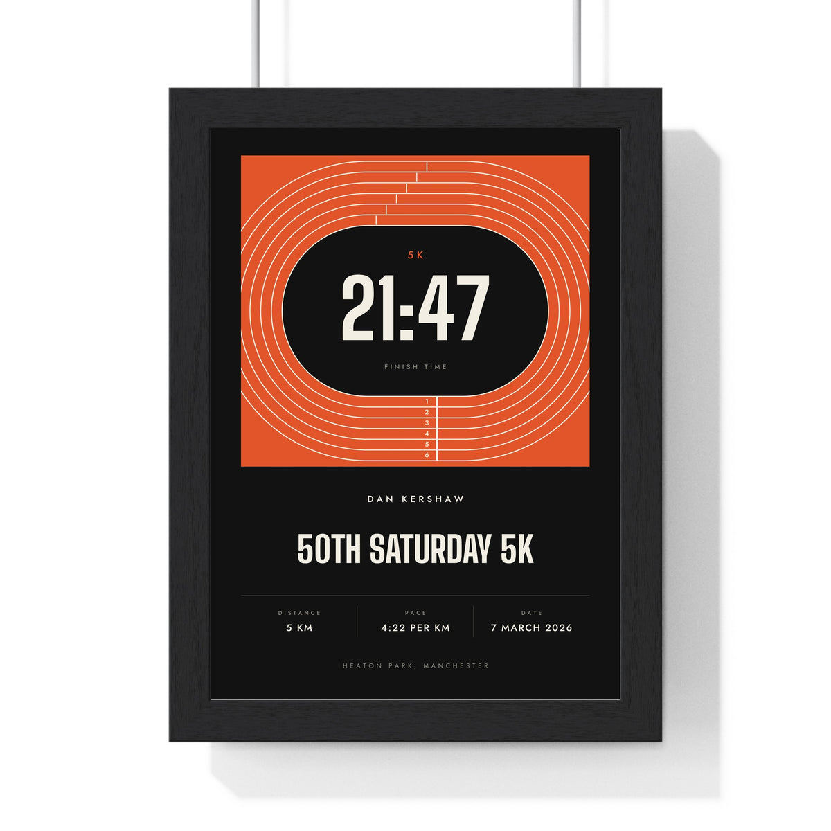 Personalised Running Print - framed black running print, 21:47 5K
