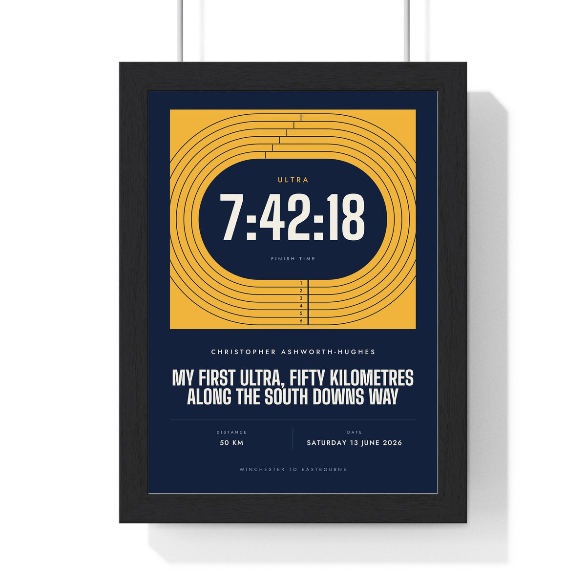 Personalised Running Print - framed navy and amber running print for a first ultra
