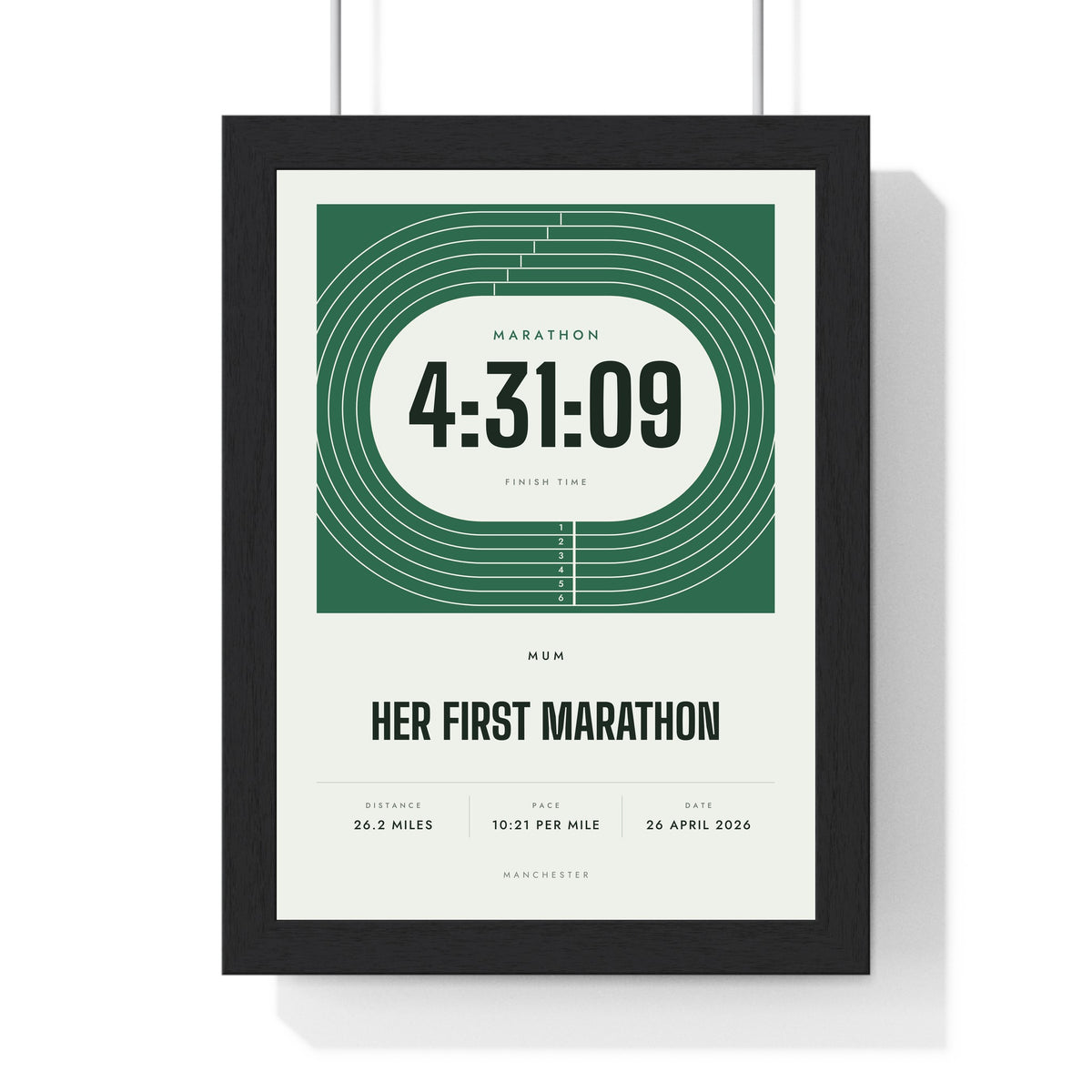 Personalised Running Print - framed racing green running print, her first marathon