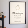 Personalised She Said Yes Engagement Print - on the living room wall
