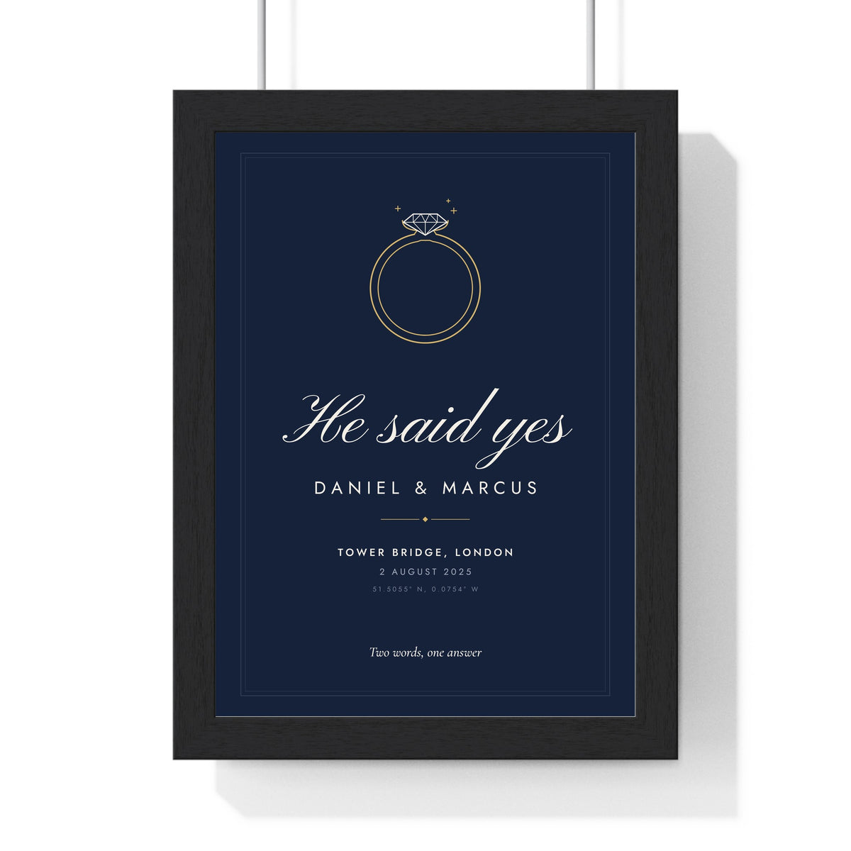 Personalised She Said Yes Engagement Print - framed navy He said yes version