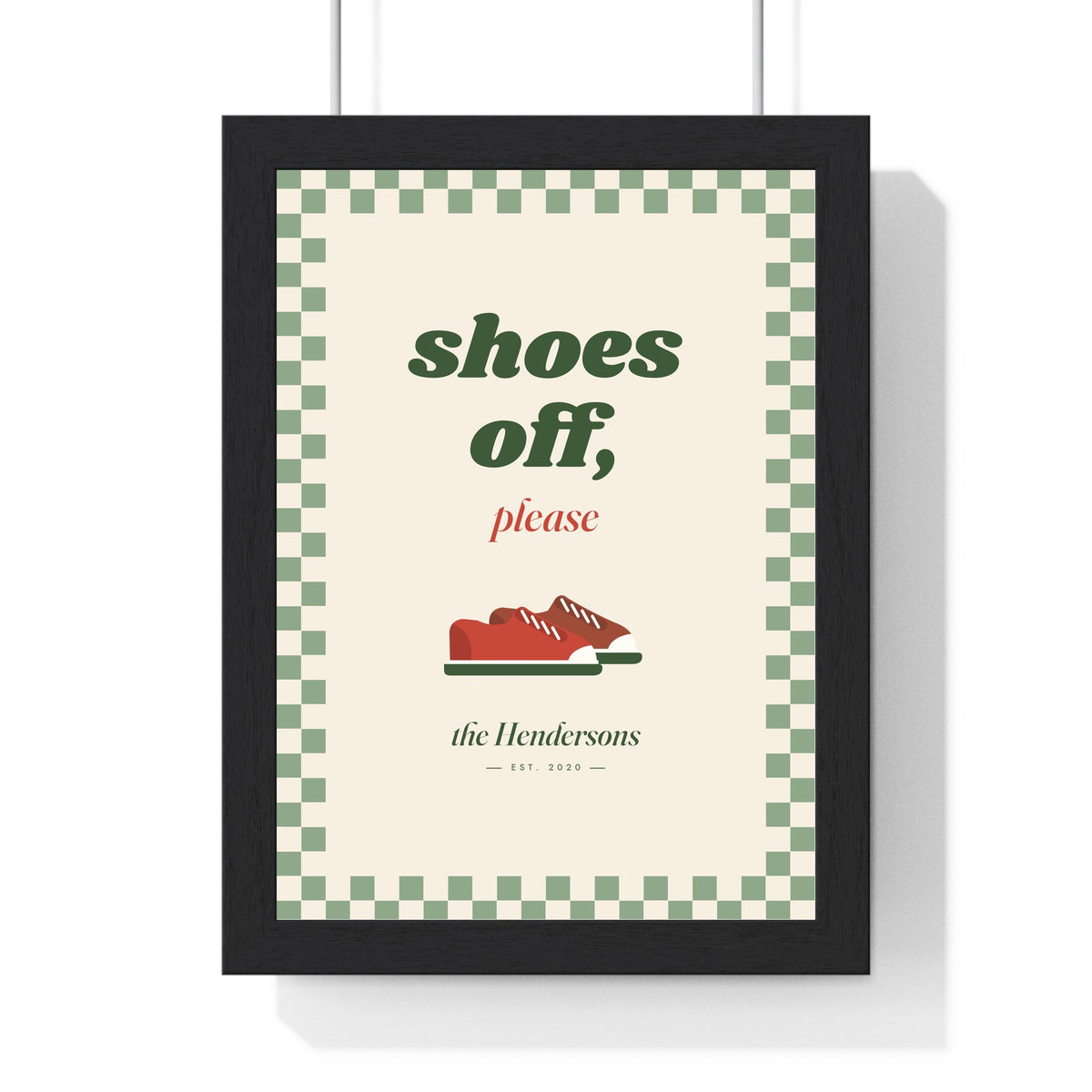 Personalised Shoes Off Sign Print - framed sage checkerboard shoes off please print