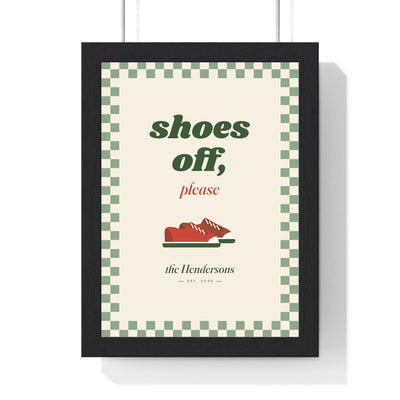 Personalised Shoes Off Sign Print - framed sage checkerboard shoes off please print