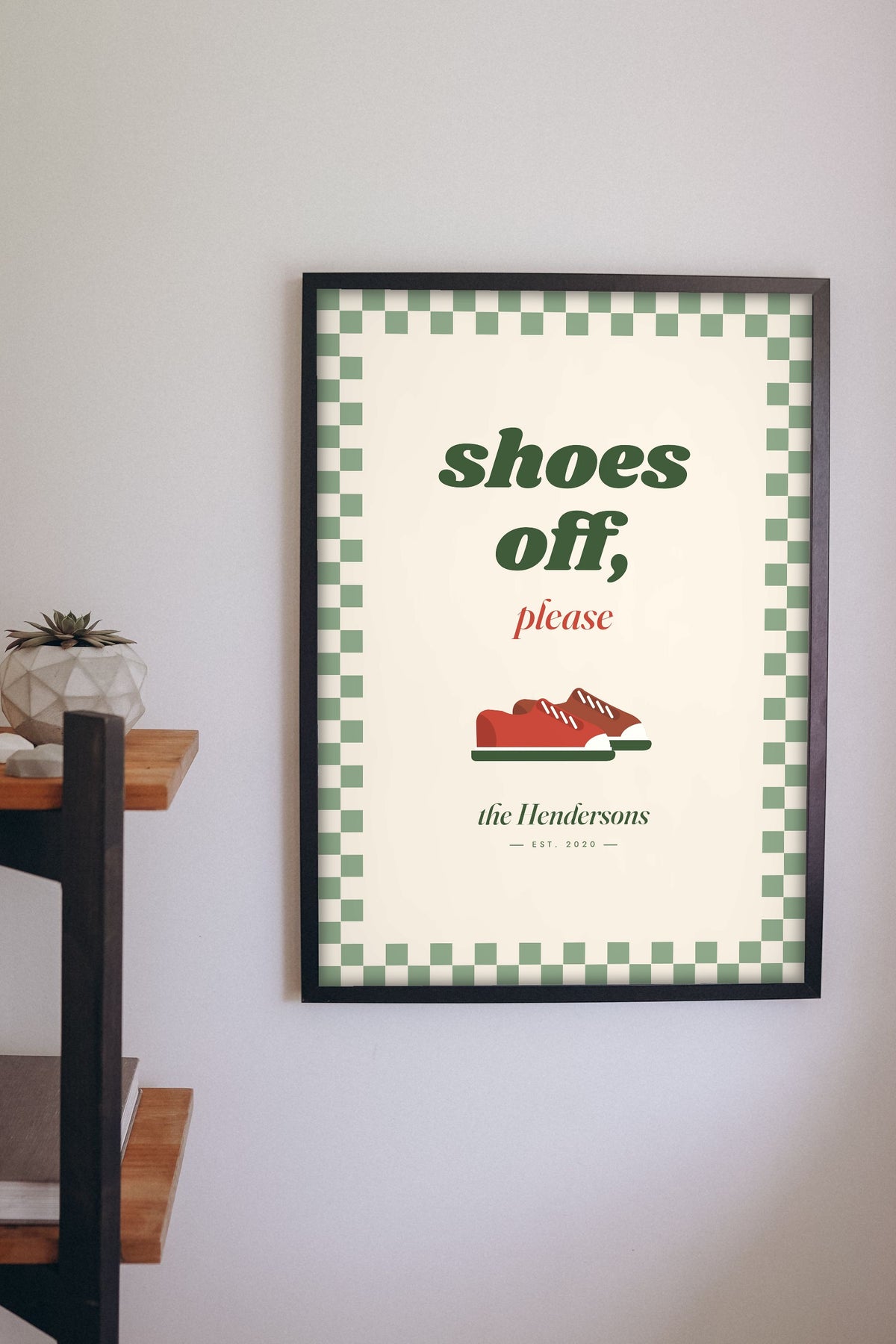 Personalised Shoes Off Sign Print - shoes off print in a hallway