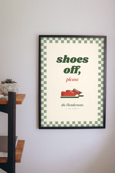 Personalised Shoes Off Sign Print - shoes off print in a hallway