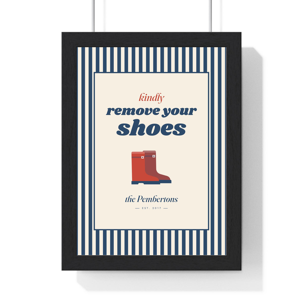 Personalised Shoes Off Sign Print - framed navy kindly remove your shoes print
