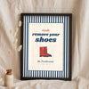 Personalised Shoes Off Sign Print - navy ticking stripe version with wellies