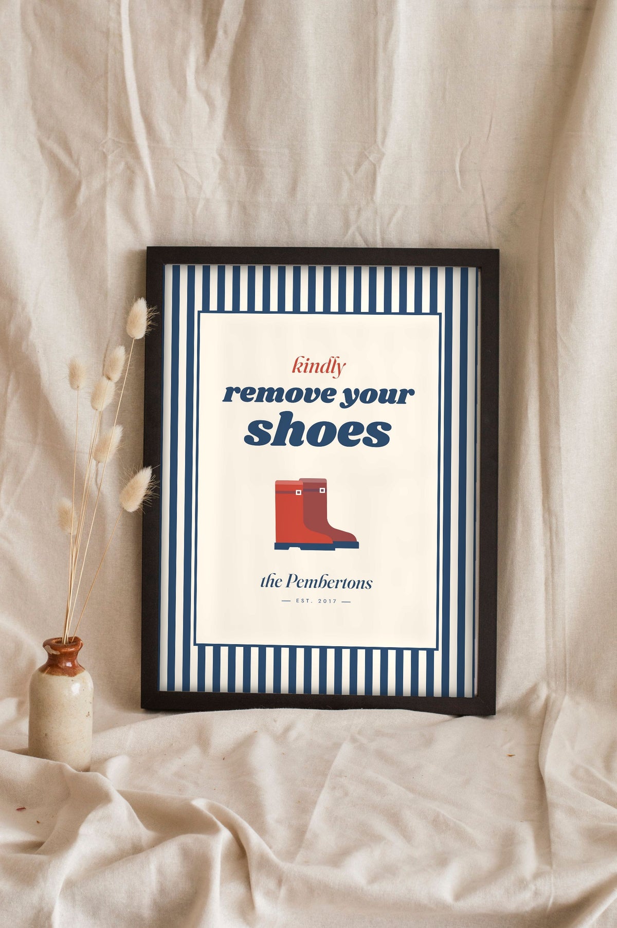Personalised Shoes Off Sign Print - navy ticking stripe version with wellies