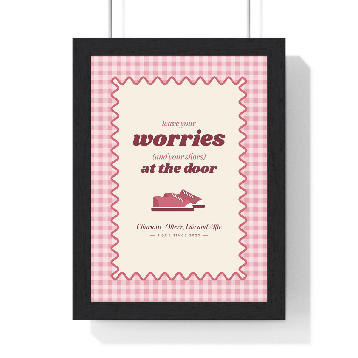 Personalised Shoes Off Sign Print - framed pink gingham leave your worries at the door print