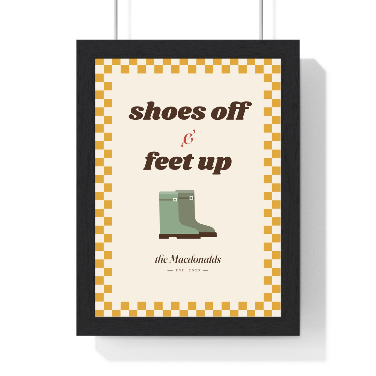 Personalised Shoes Off Sign Print - framed mustard shoes off and feet up print