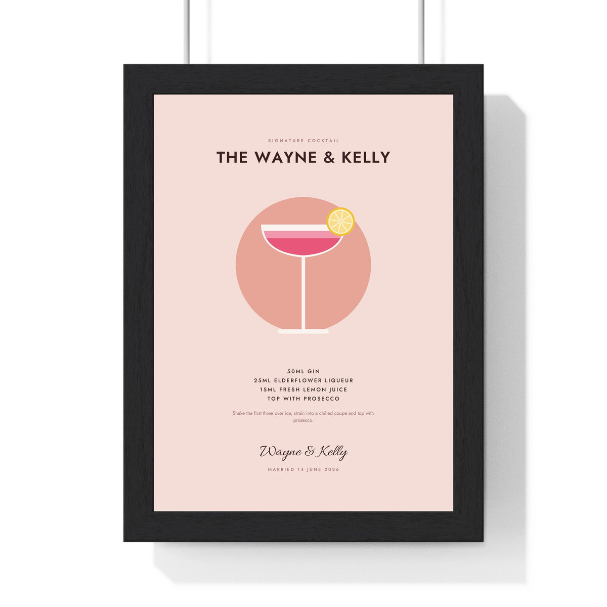 Personalised Signature Cocktail Print - framed blush print with a pink coupe cocktail
