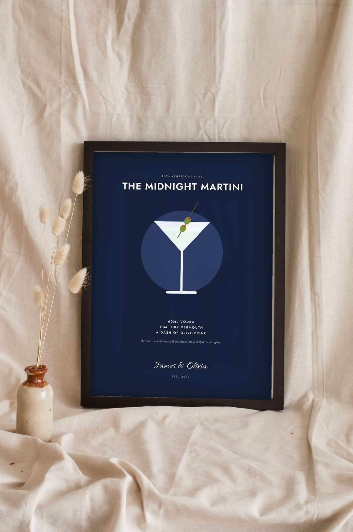 Personalised Signature Cocktail Print - navy martini version leaning on a shelf