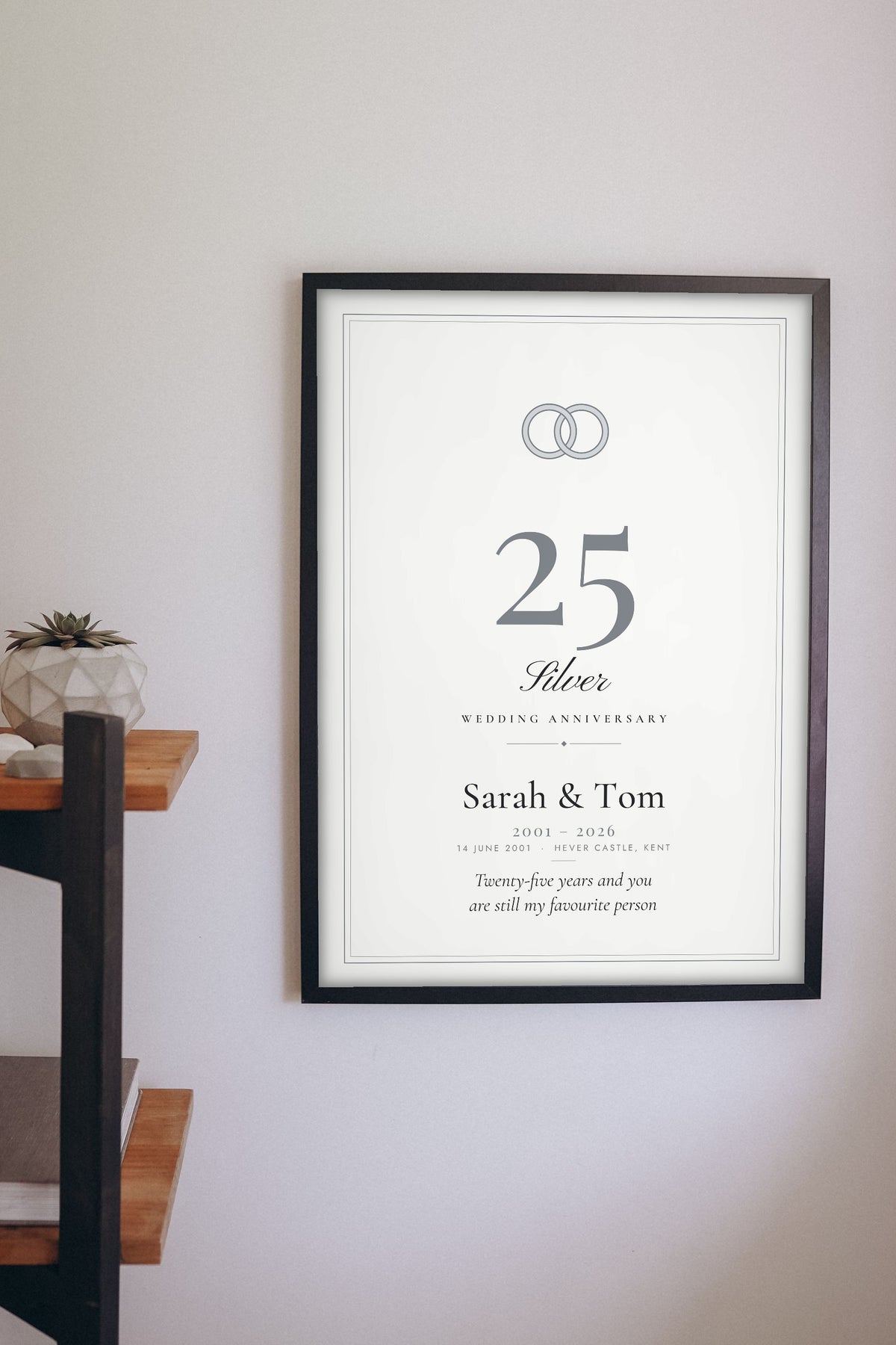 Personalised Silver Wedding Anniversary Print - hanging on a living room wall