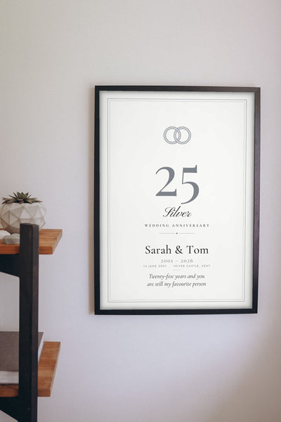Personalised Silver Wedding Anniversary Print - hanging on a living room wall
