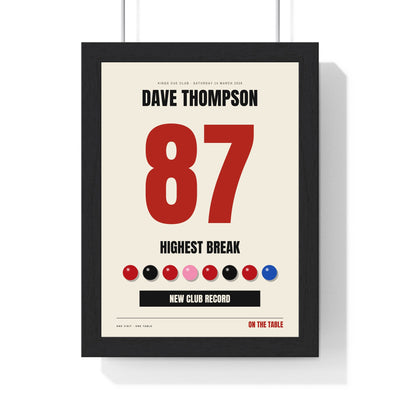 Personalised Snooker Highest Break Print - framed personalised snooker highest break print, a break of 87