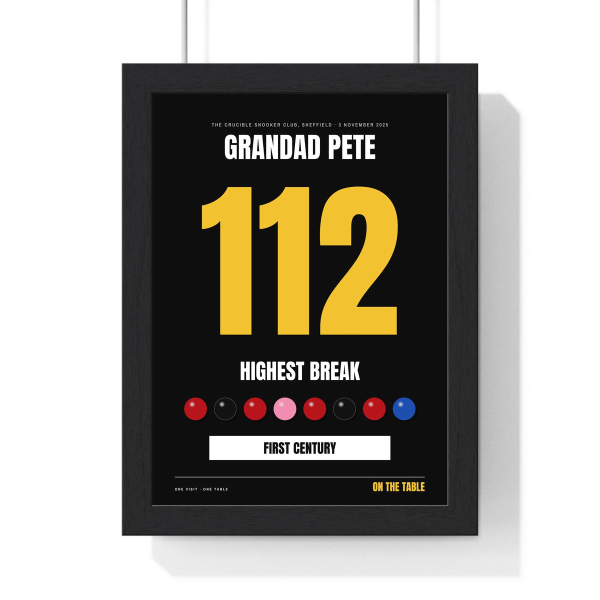 Personalised Snooker Highest Break Print - framed black and gold version, a break of 112