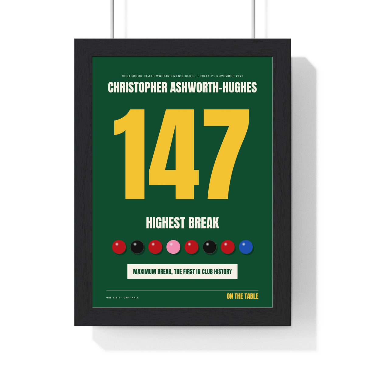 Personalised Snooker Highest Break Print - framed baize green version, a 147 maximum