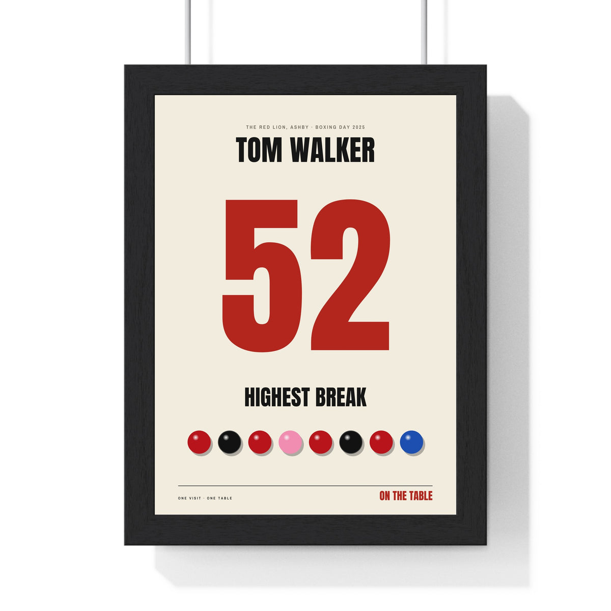 Personalised Snooker Highest Break Print - framed cream version without the banner