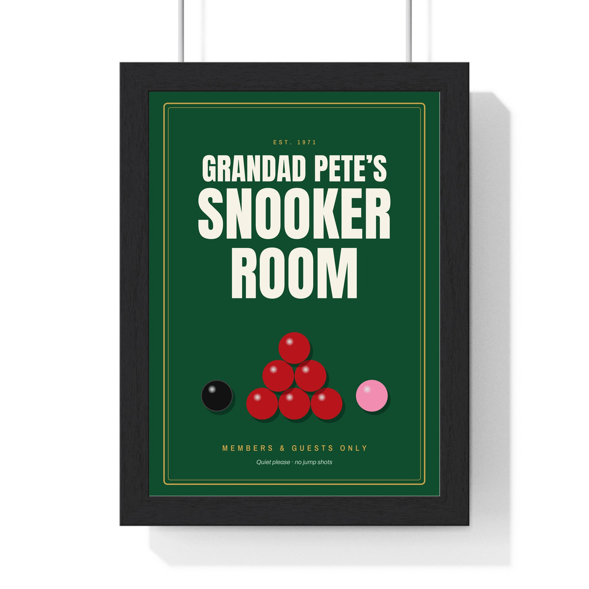 Personalised Snooker Room Sign Print - framed personalised snooker room sign print in baize green and gold